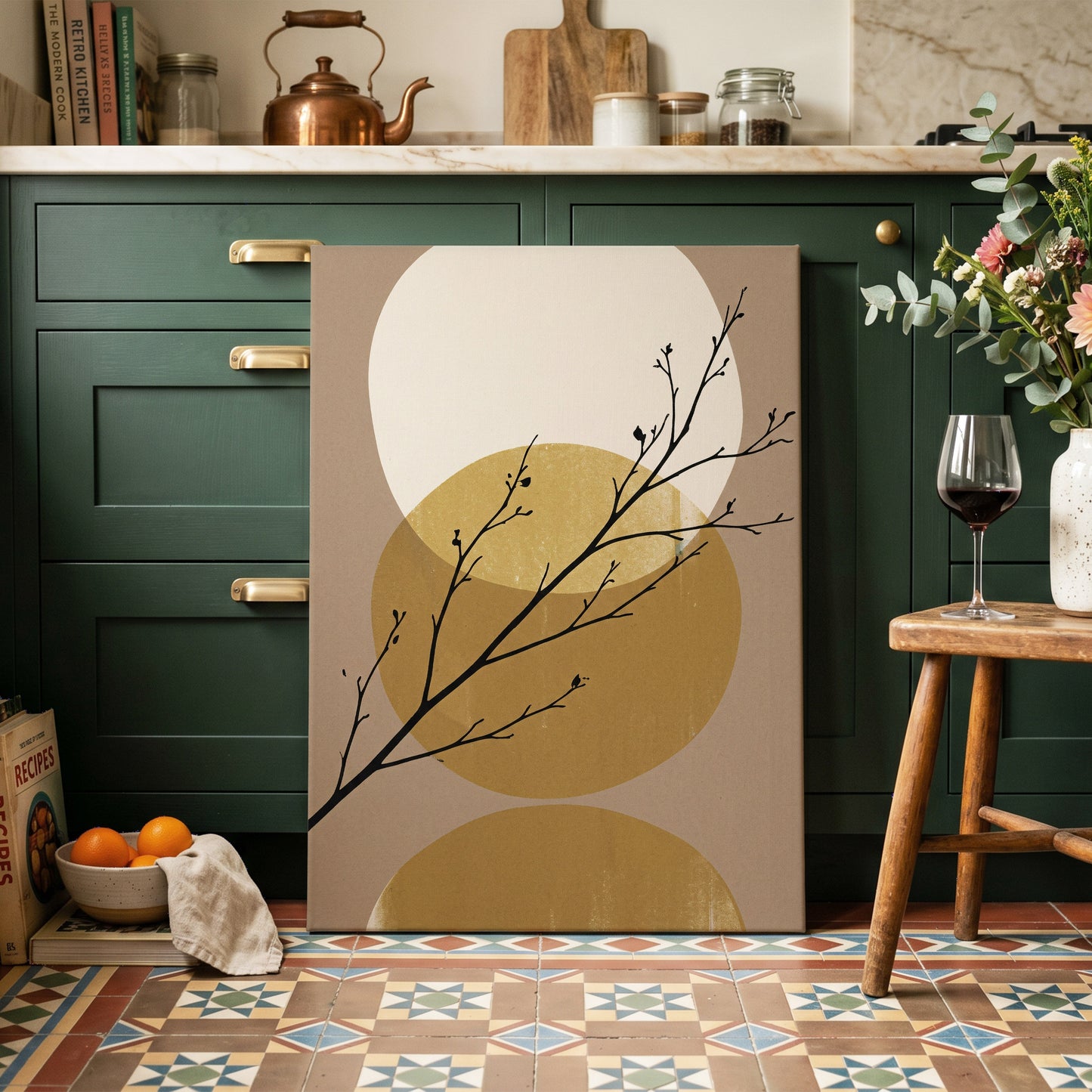Gilded Branches, black, beige, gold nature wall art on canvas displayed in a styled interior, gallery view 2