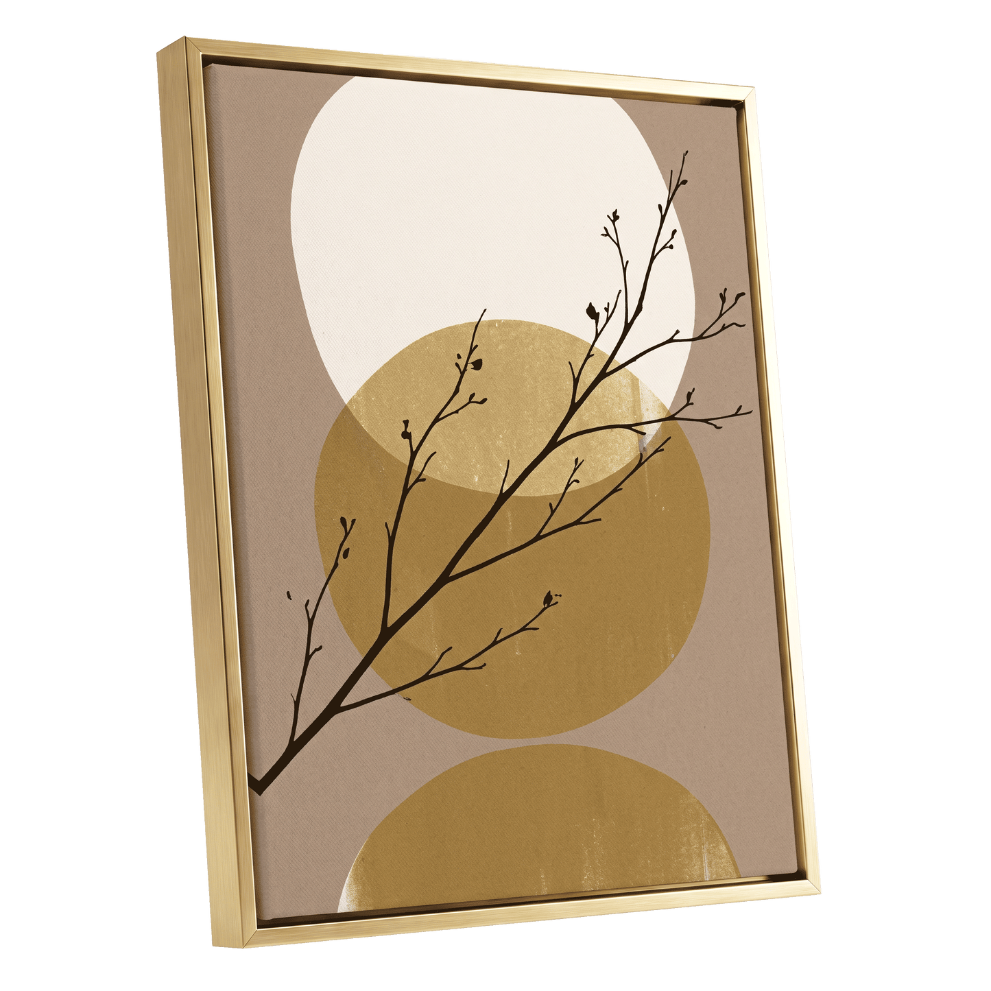 Gilded Branches, black, beige, gold nature wall art shown as a gold framed canvas wall art