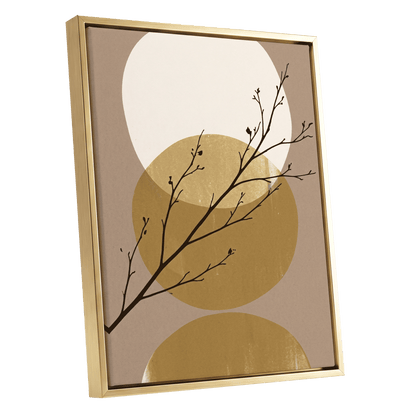 Gilded Branches, black, beige, gold nature wall art shown as a gold framed canvas wall art
