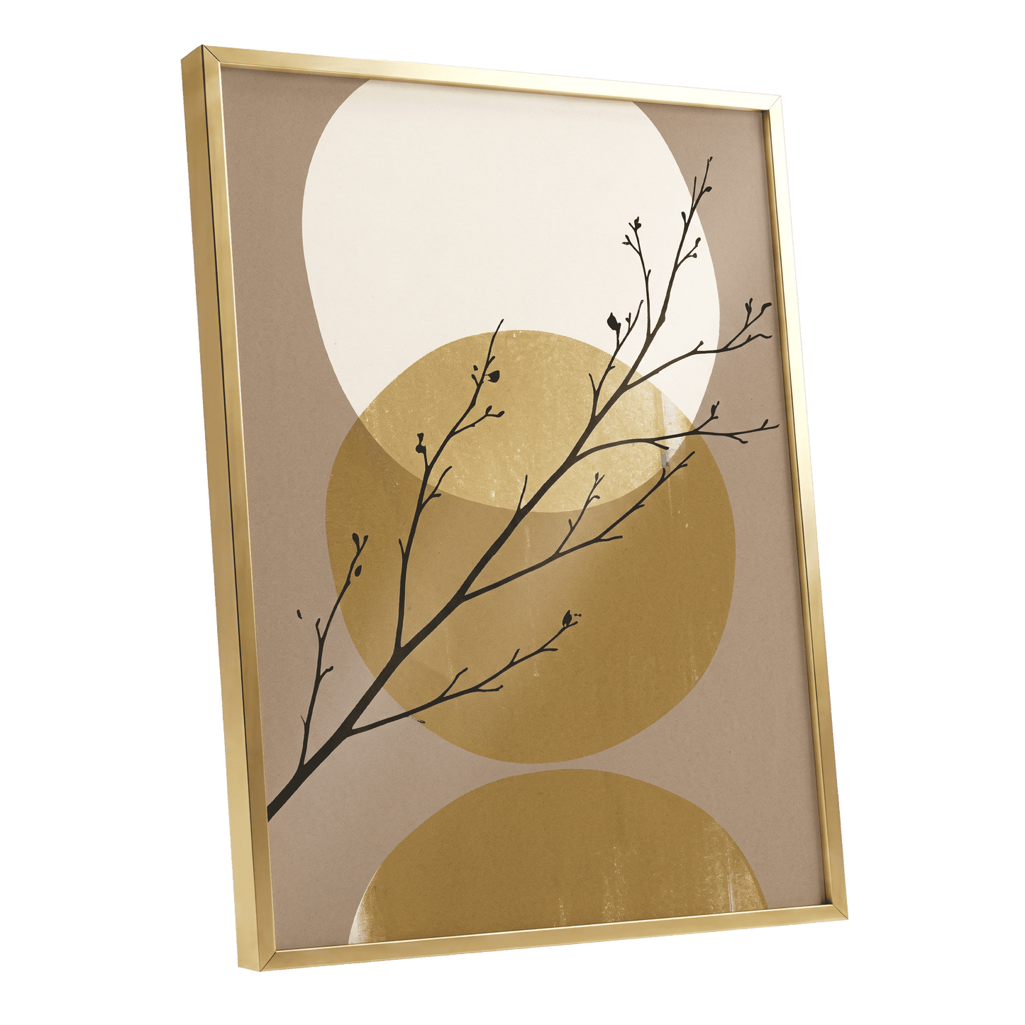 Gilded Branches, black, beige, gold nature wall art shown as a gold framed poster wall art print