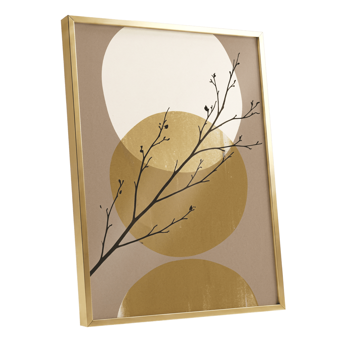 Gilded Branches, black, beige, gold nature wall art shown as a gold framed poster wall art print
