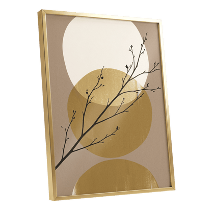 Gilded Branches, black, beige, gold nature wall art shown as a gold framed poster wall art print