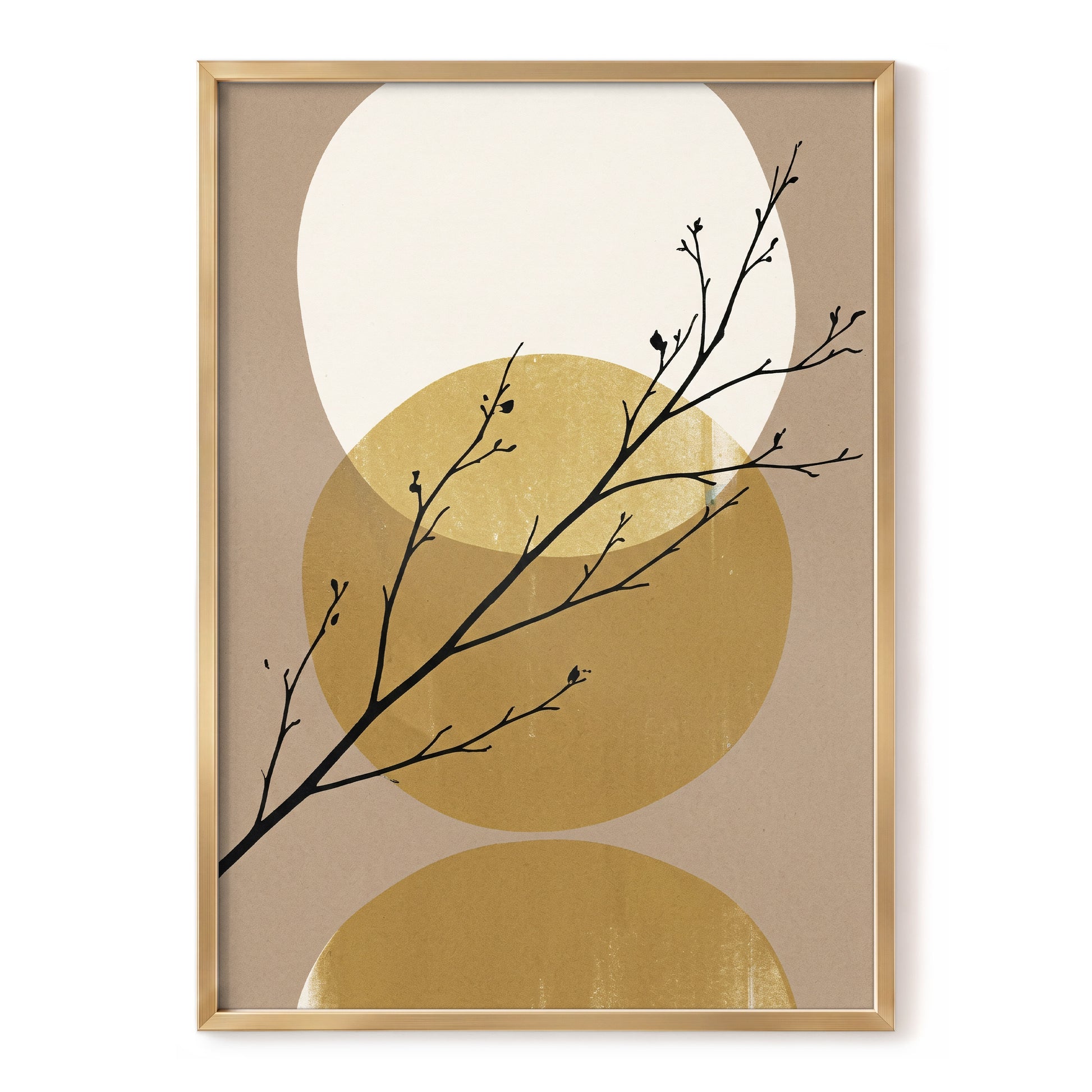 Gilded Branches, black, beige, gold nature wall art, front artwork view