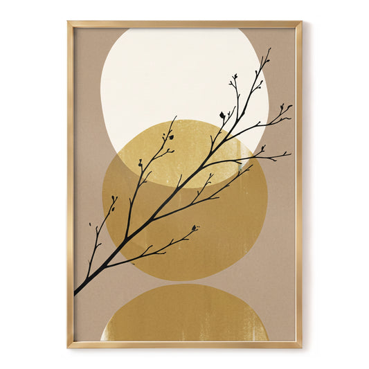 Gilded Branches, black, beige, gold nature wall art, front artwork view