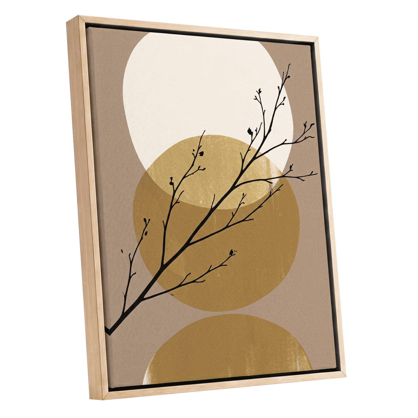 Gilded Branches, black, beige, gold nature wall art shown as a oak framed canvas wall art