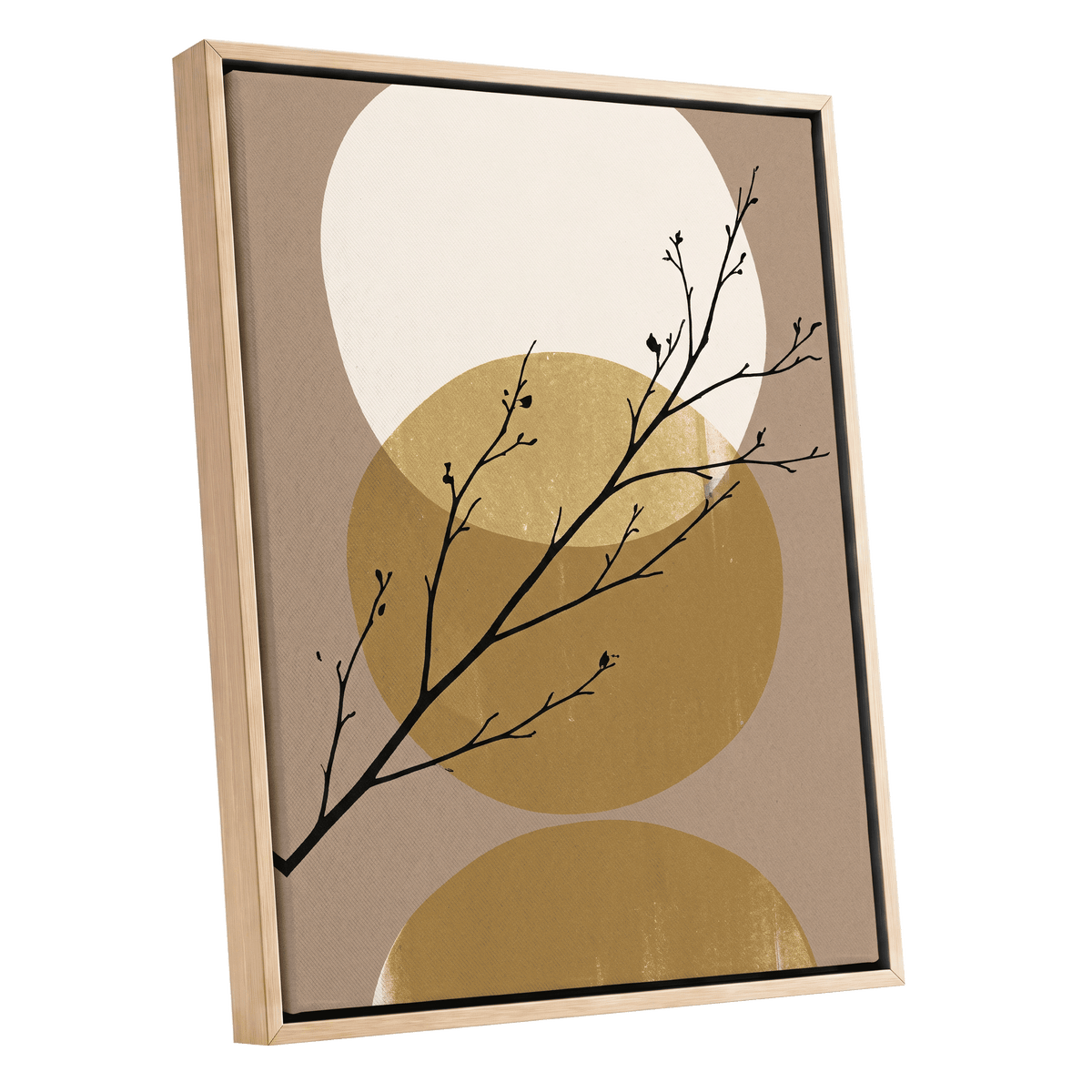 Gilded Branches, black, beige, gold nature wall art shown as a oak framed canvas wall art