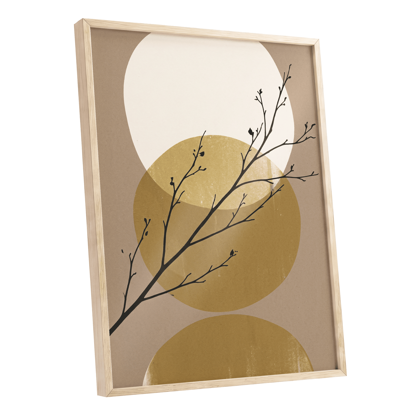 Gilded Branches, black, beige, gold nature wall art shown as a oak framed poster wall art print