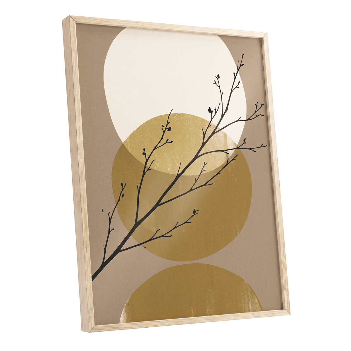 Gilded Branches, black, beige, gold nature wall art shown as a oak framed poster wall art print