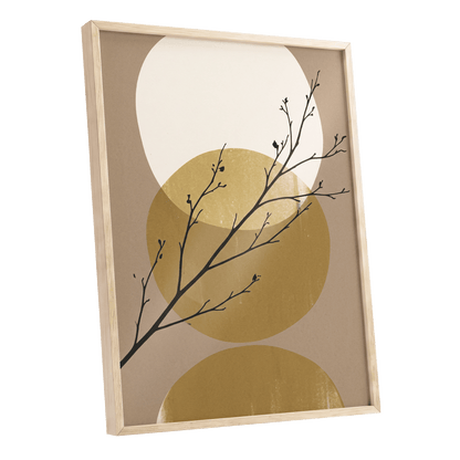 Gilded Branches, black, beige, gold nature wall art shown as a oak framed poster wall art print