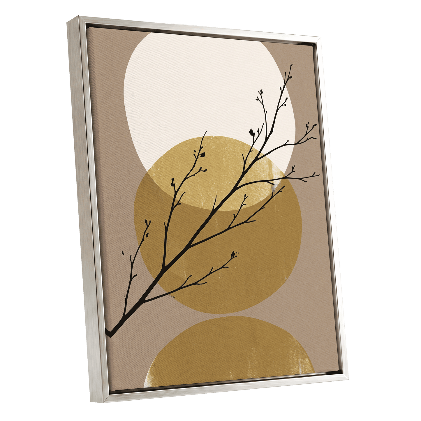 Gilded Branches, black, beige, gold nature wall art shown as a silver framed canvas wall art