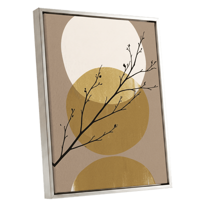 Gilded Branches, black, beige, gold nature wall art shown as a silver framed canvas wall art