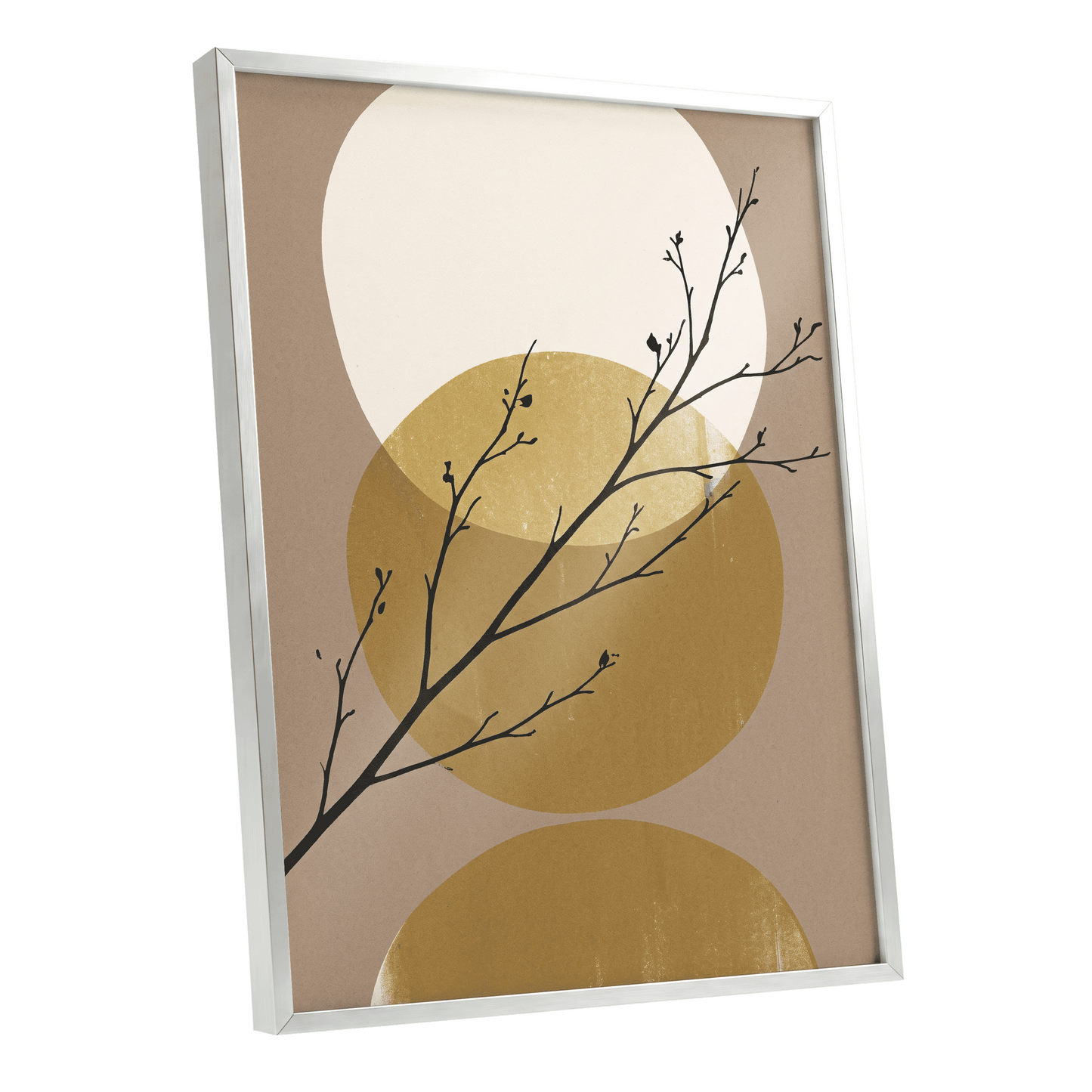 Gilded Branches, black, beige, gold nature wall art shown as a silver framed poster wall art print