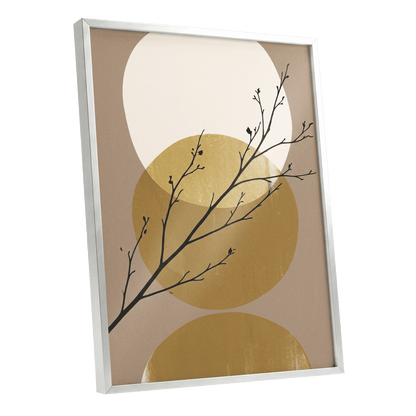 Gilded Branches, black, beige, gold nature wall art shown as a silver framed poster wall art print