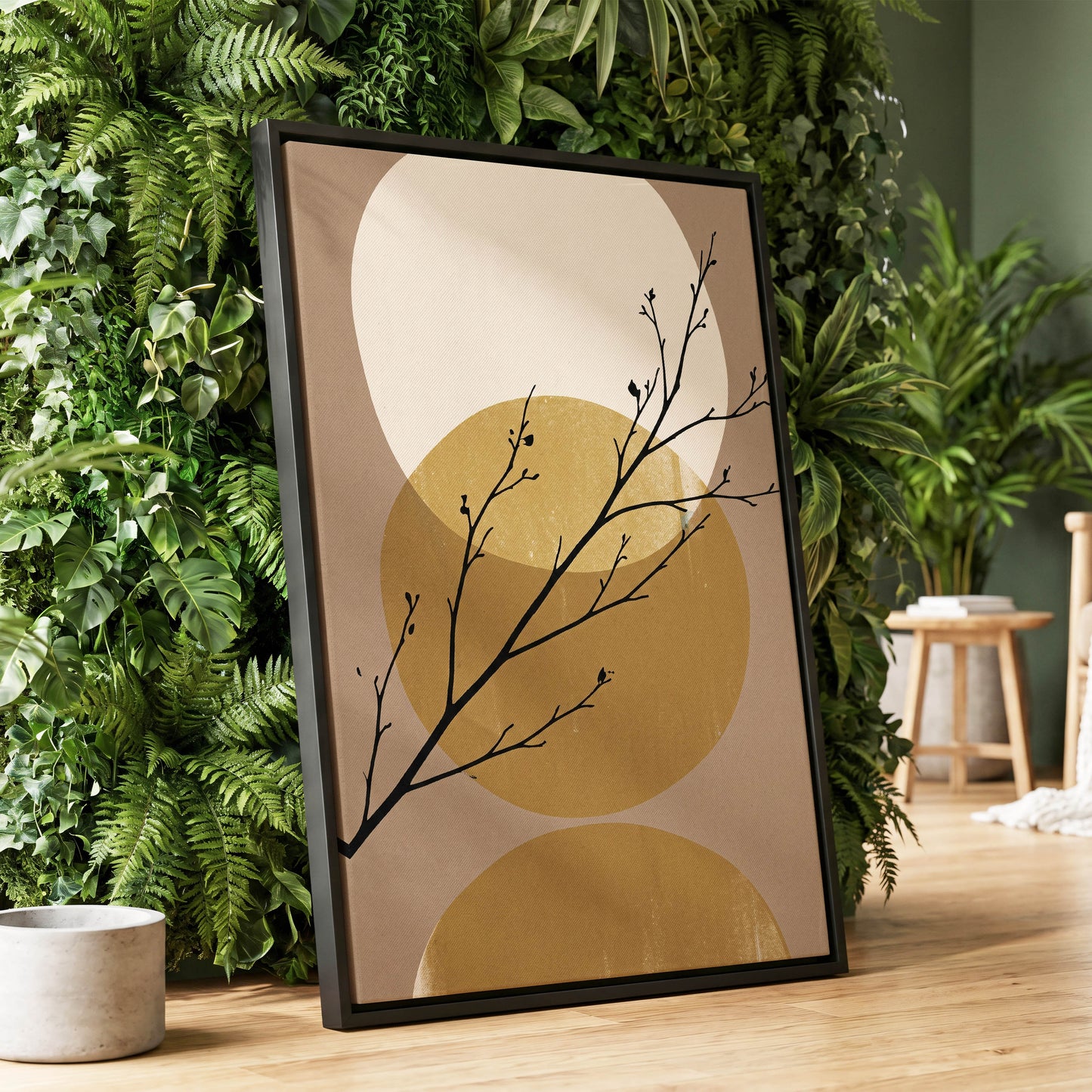 Gilded Branches, black, beige, gold nature wall art displayed in a styled interior, gallery view 1