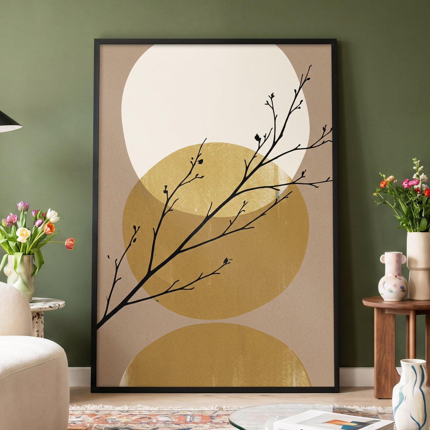 Gilded Branches, black, beige, gold nature wall art displayed in a styled interior, gallery view 4