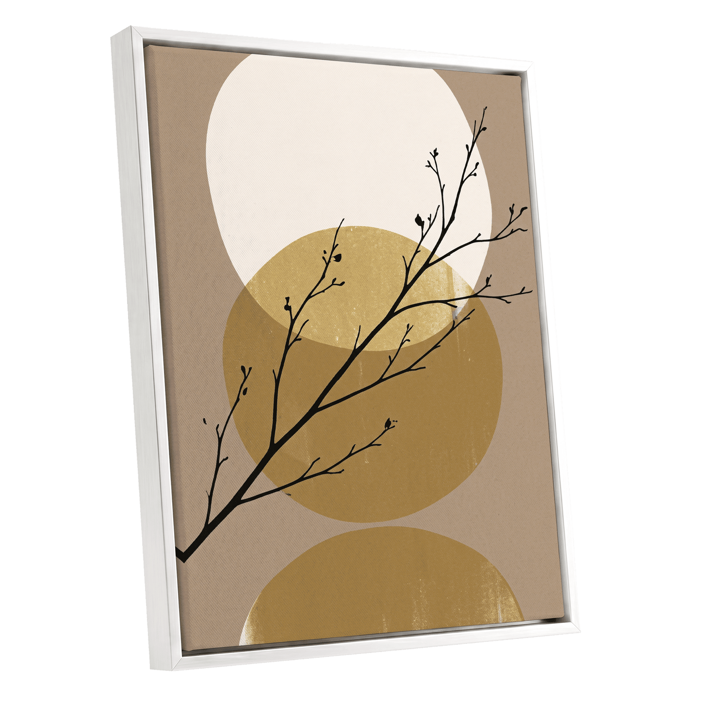 Gilded Branches, black, beige, gold nature wall art shown as a white framed canvas wall art