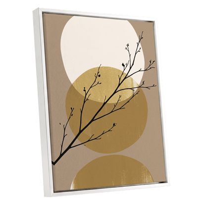 Gilded Branches, black, beige, gold nature wall art shown as a white framed canvas wall art
