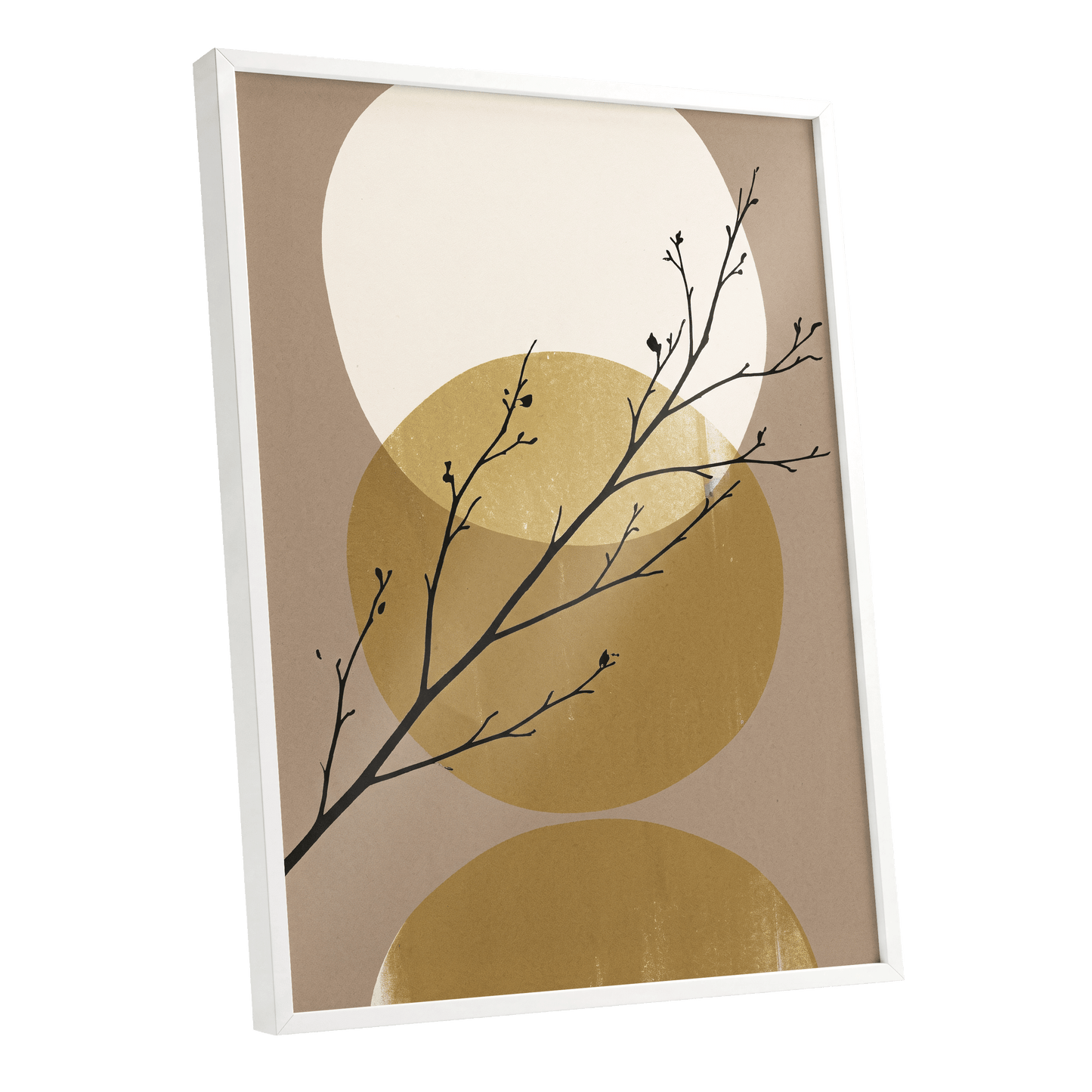 Gilded Branches, black, beige, gold nature wall art shown as a white framed poster wall art print