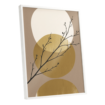 Gilded Branches, black, beige, gold nature wall art shown as a white framed poster wall art print