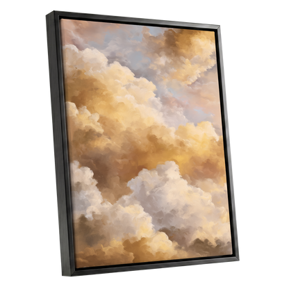 Gilded Cloud Drift, gold, beige, white nature wall art shown as a black framed canvas wall art