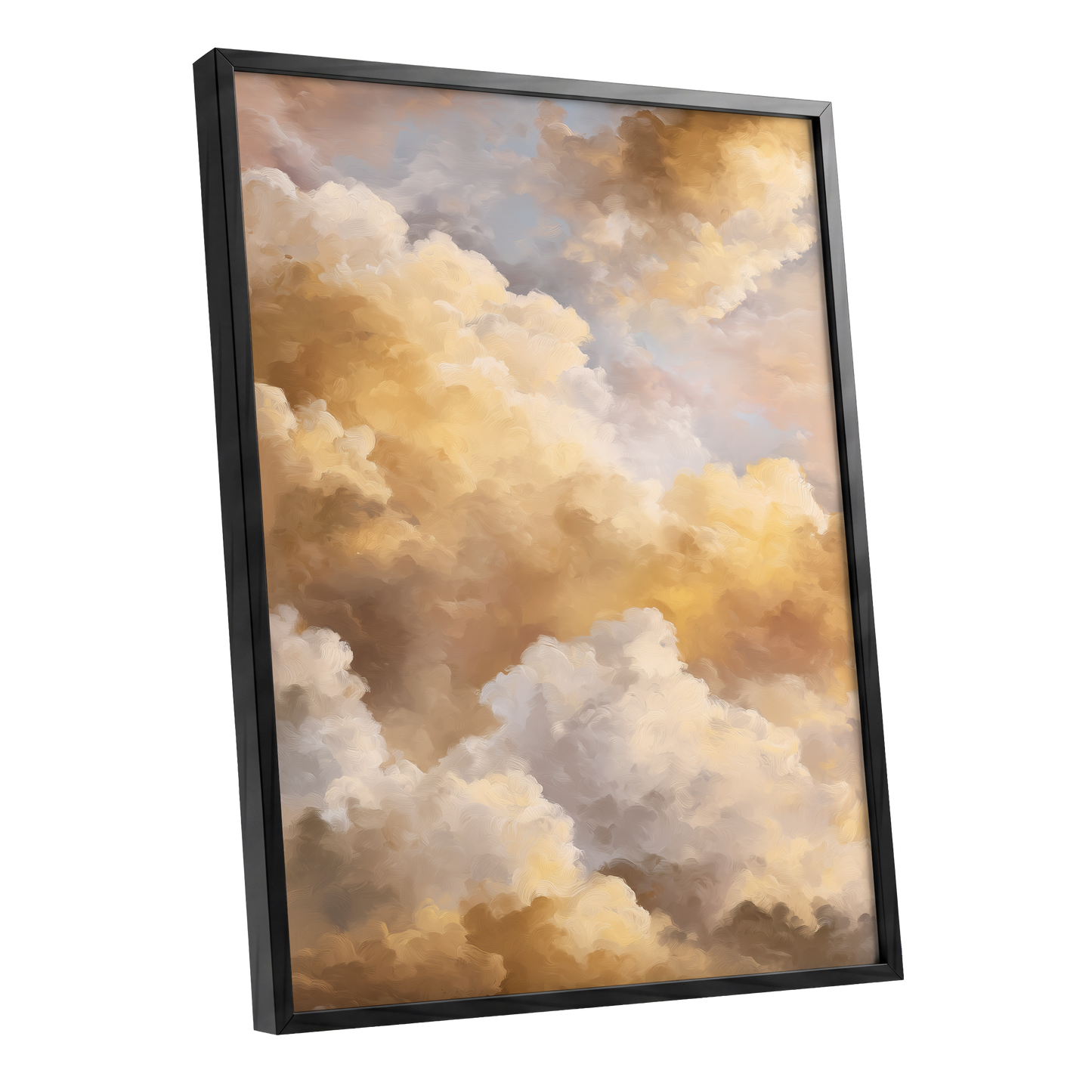 Gilded Cloud Drift, gold, beige, white nature wall art shown as a black framed poster wall art print