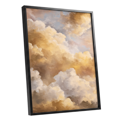 Gilded Cloud Drift, gold, beige, white nature wall art shown as a black framed poster wall art print