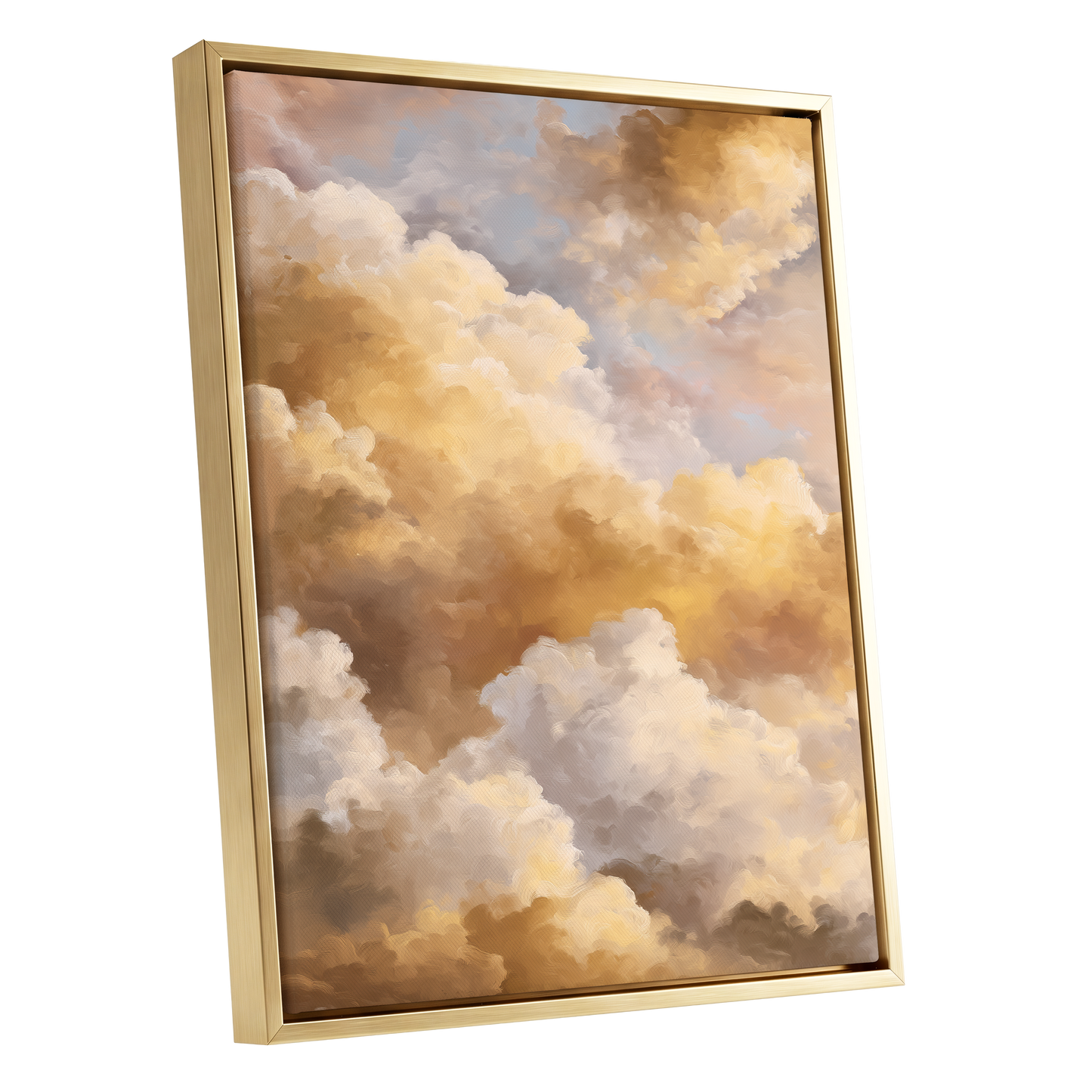 Gilded Cloud Drift, gold, beige, white nature wall art shown as a gold framed canvas wall art