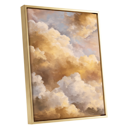 Gilded Cloud Drift, gold, beige, white nature wall art shown as a gold framed canvas wall art