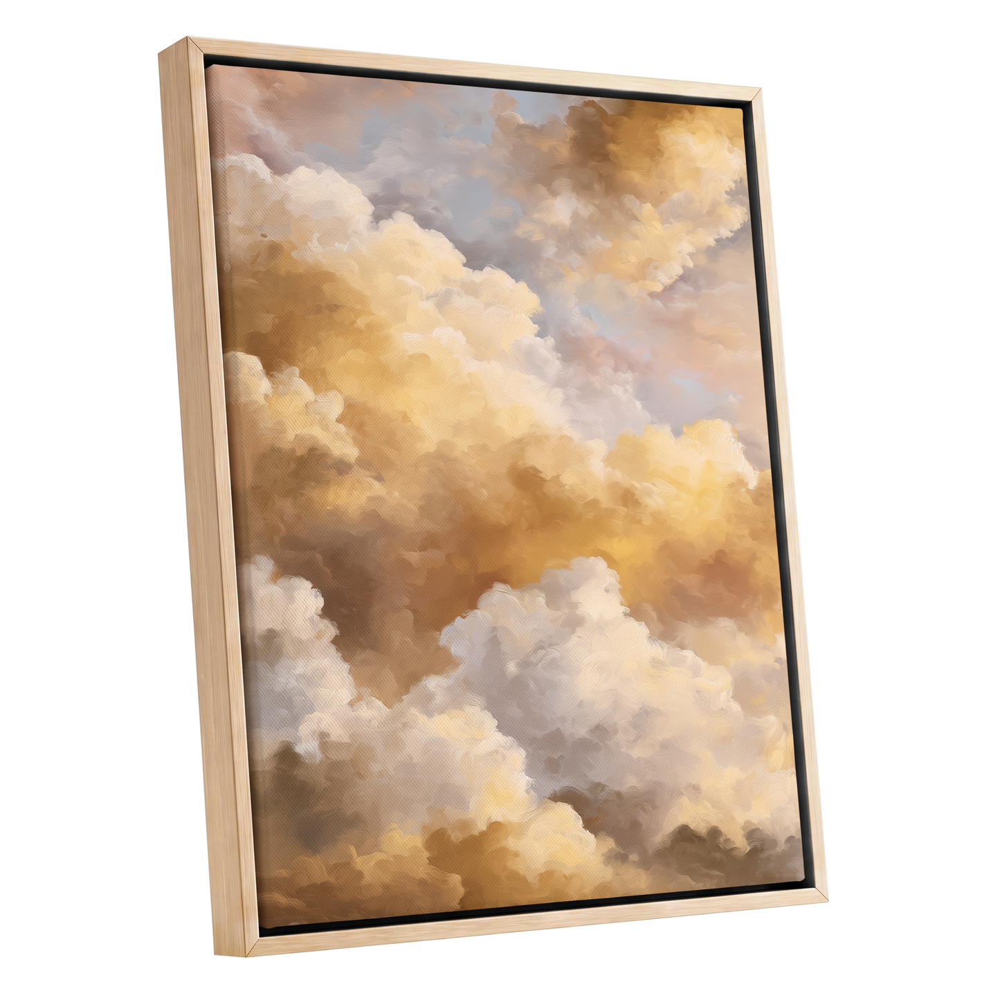 Gilded Cloud Drift, gold, beige, white nature wall art shown as a oak framed canvas wall art