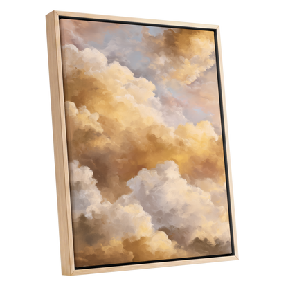 Gilded Cloud Drift, gold, beige, white nature wall art shown as a oak framed canvas wall art