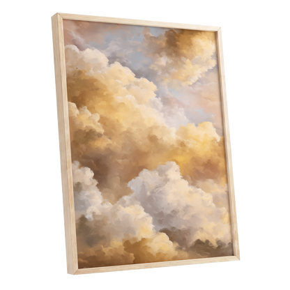 Gilded Cloud Drift, gold, beige, white nature wall art shown as a oak framed poster wall art print