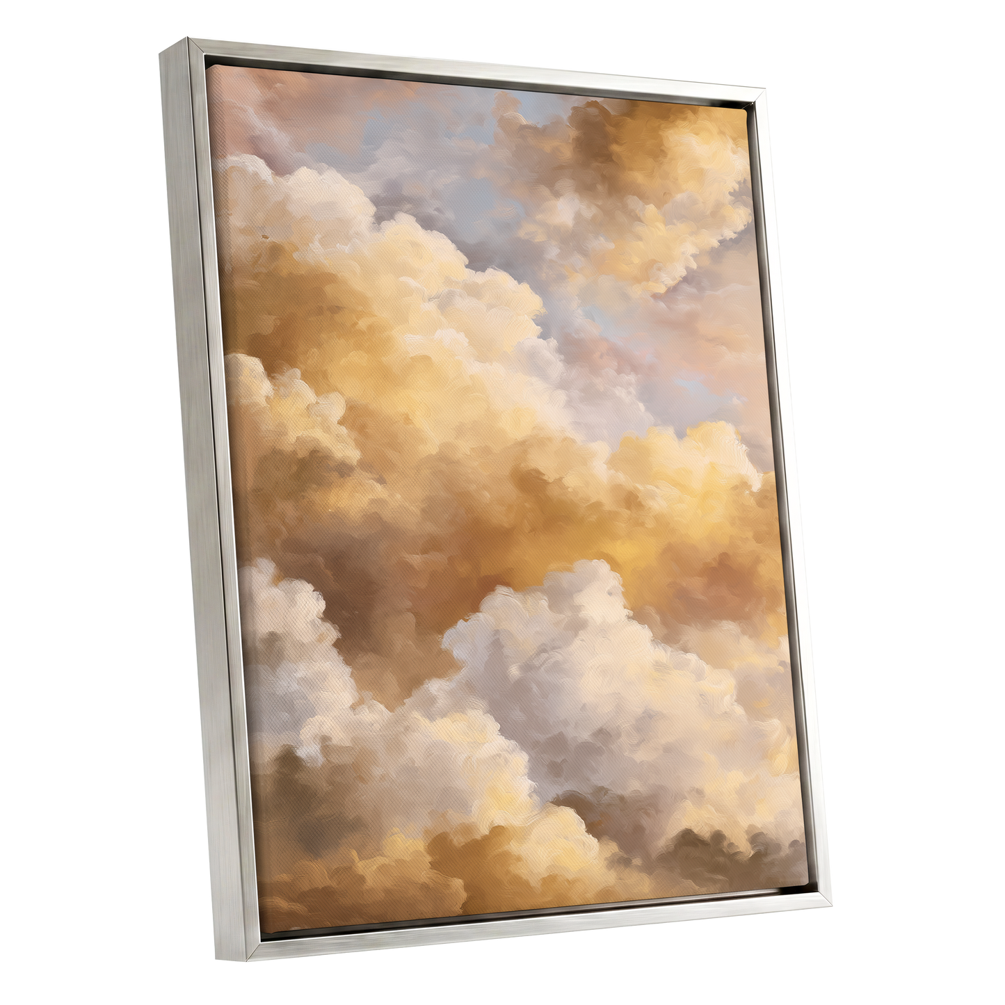 Gilded Cloud Drift, gold, beige, white nature wall art shown as a silver framed canvas wall art