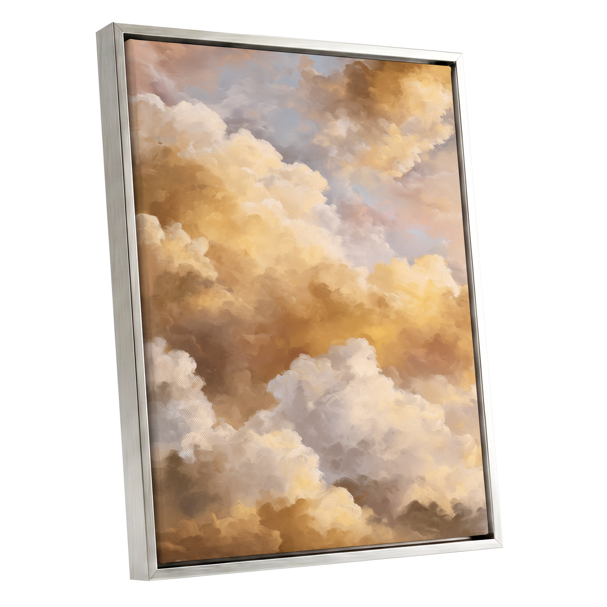 Gilded Cloud Drift, gold, beige, white nature wall art shown as a silver framed canvas wall art