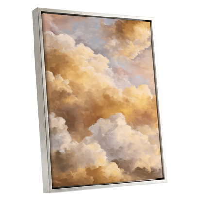 Gilded Cloud Drift, gold, beige, white nature wall art shown as a silver framed canvas wall art