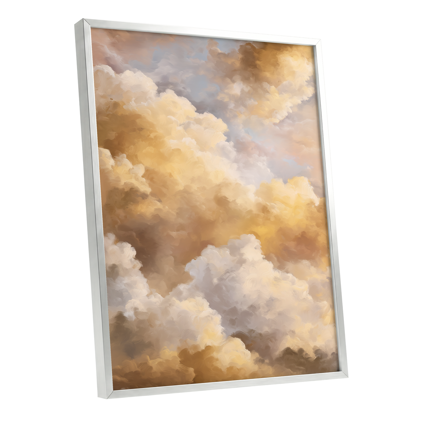 Gilded Cloud Drift, gold, beige, white nature wall art shown as a silver framed poster wall art print