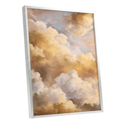 Gilded Cloud Drift, gold, beige, white nature wall art shown as a silver framed poster wall art print