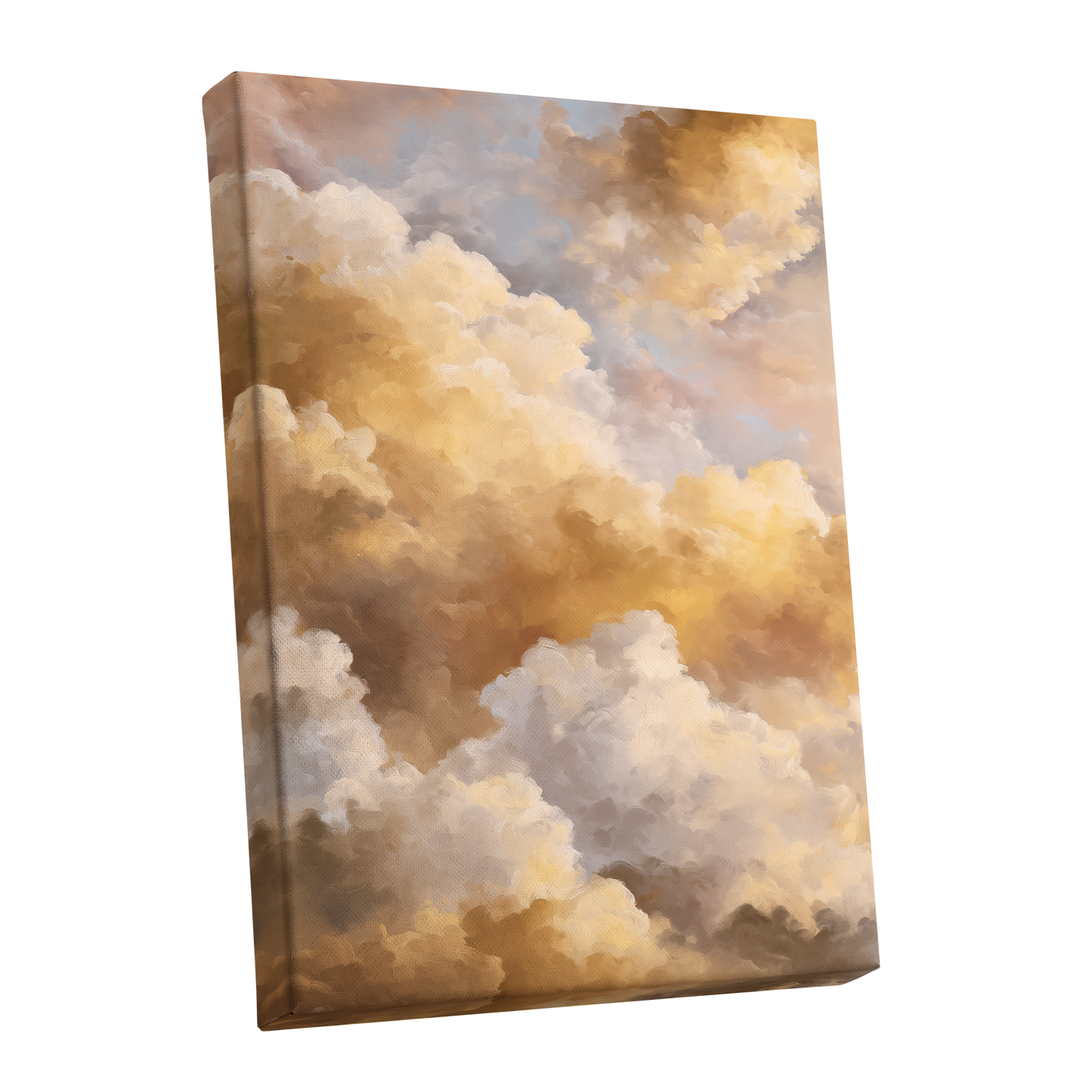 Gilded Cloud Drift, gold, beige, white nature wall art shown as a stretched canvas wall art