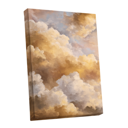 Gilded Cloud Drift, gold, beige, white nature wall art shown as a stretched canvas wall art