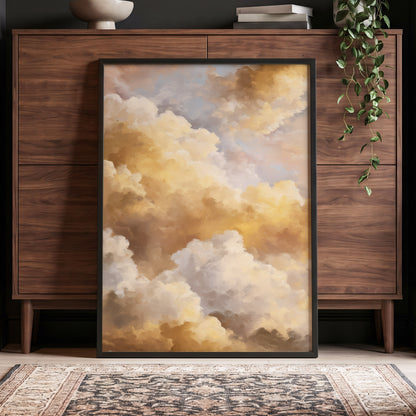 Gilded Cloud Drift, gold, beige, white nature wall art displayed in a styled interior, gallery view 2