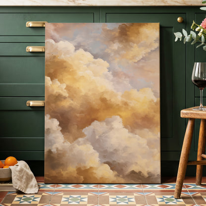 Gilded Cloud Drift, gold, beige, white nature wall art displayed in a styled interior, gallery view 3