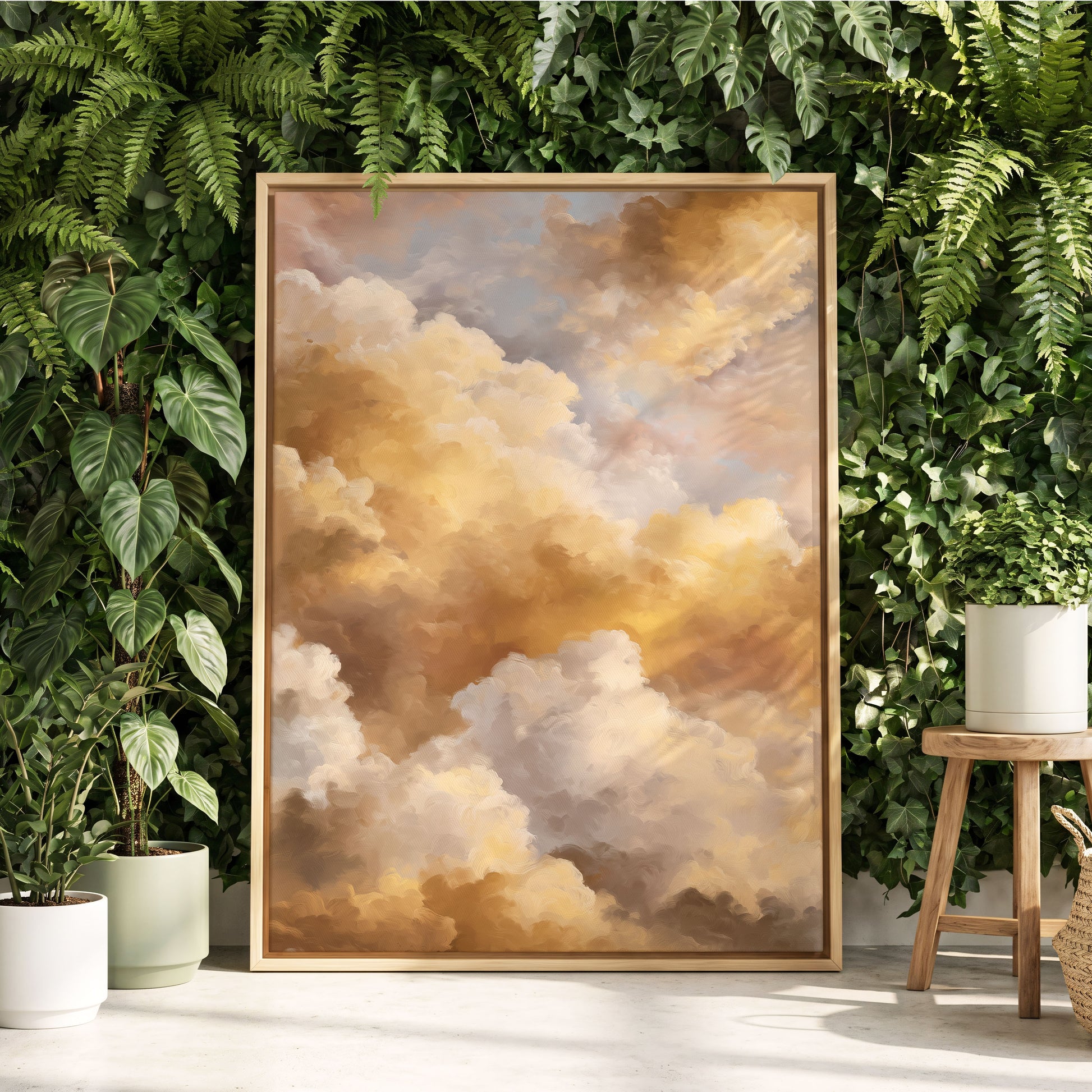 Gilded Cloud Drift, gold, beige, white nature wall art displayed in a styled interior, gallery view 4