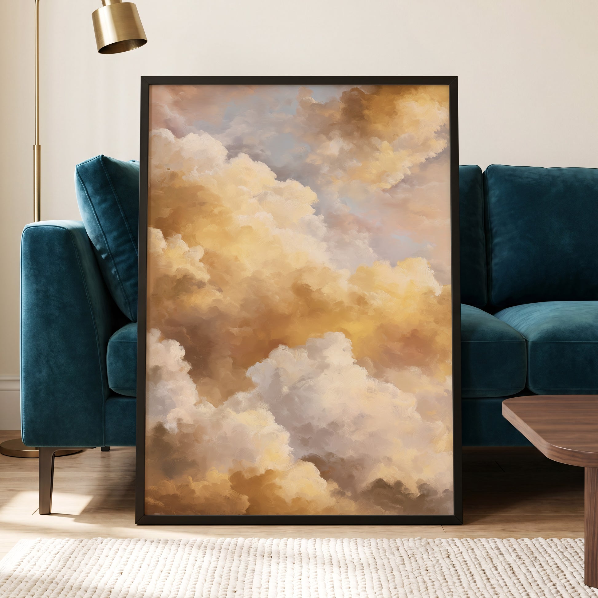 Gilded Cloud Drift, gold, beige, white nature wall art displayed in a styled interior, gallery view 6