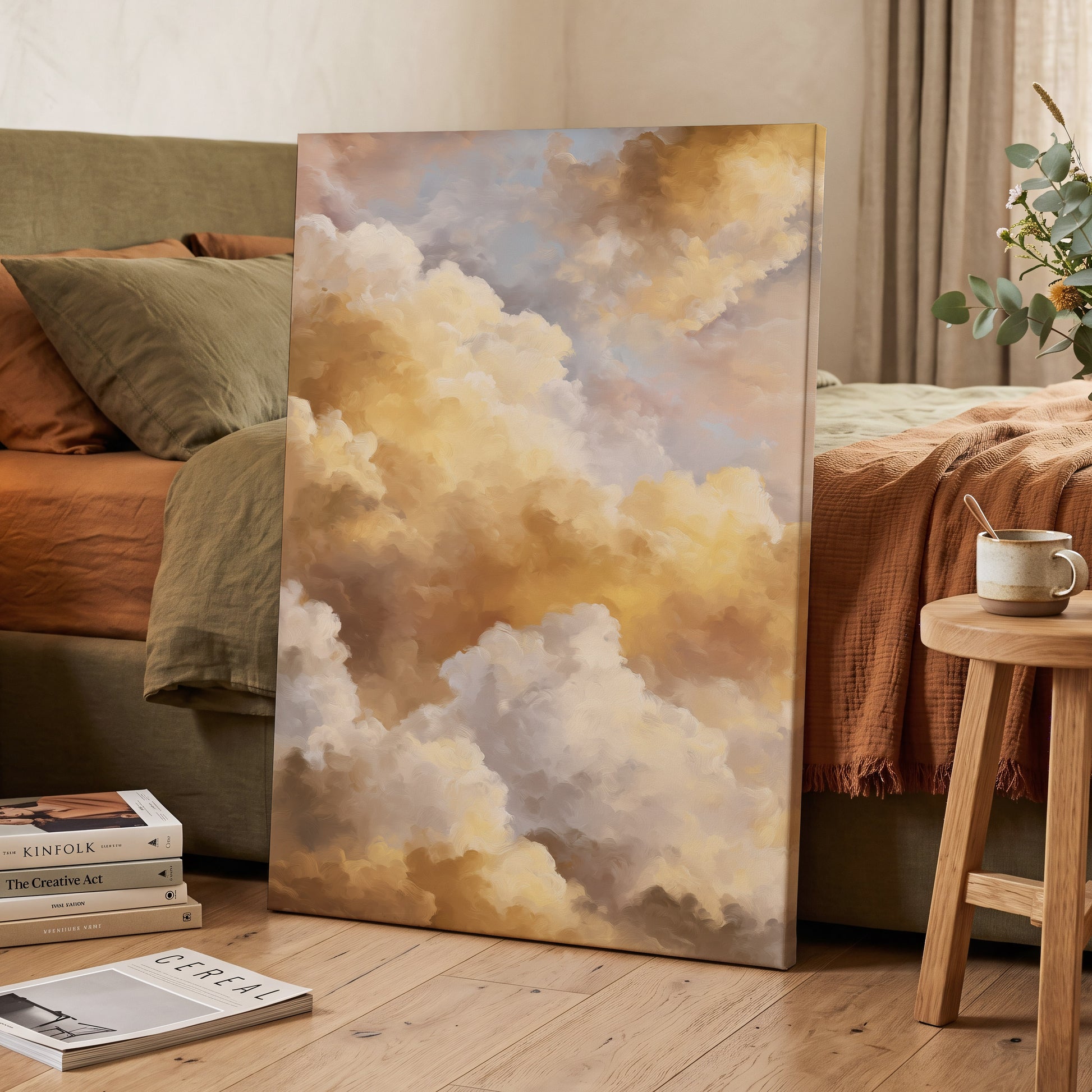 Gilded Cloud Drift, gold, beige, white nature wall art displayed in a styled interior, gallery view 7