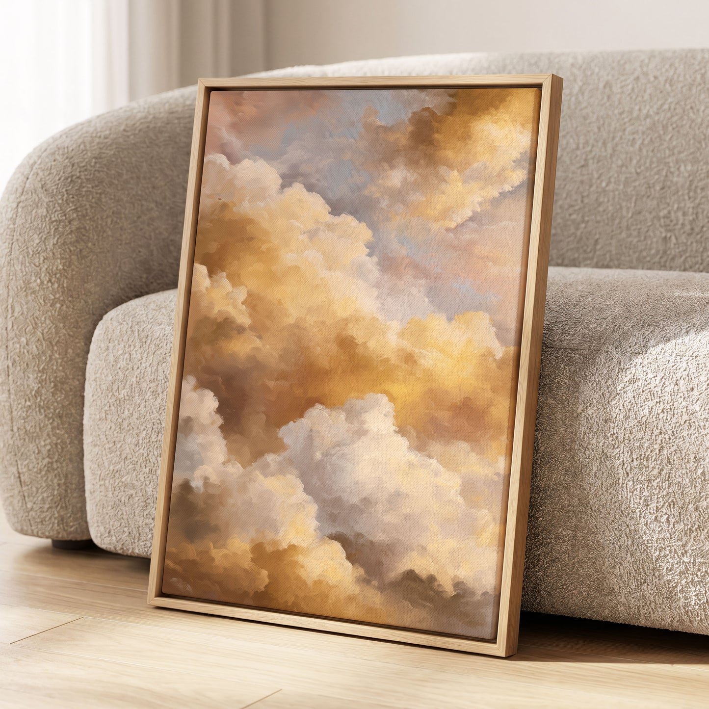 Gilded Cloud Drift, gold, beige, white nature wall art displayed in a styled interior, gallery view 8