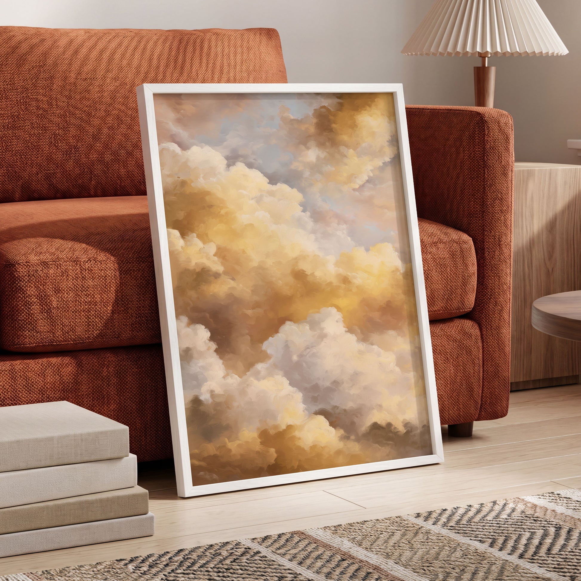 Gilded Cloud Drift, gold, beige, white nature wall art displayed in a styled interior, gallery view 9