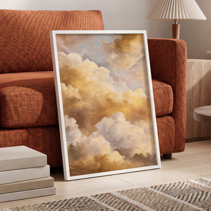 Gilded Cloud Drift, gold, beige, white nature wall art displayed in a styled interior, gallery view 9
