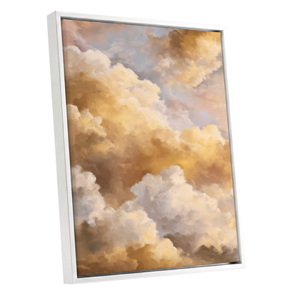 Gilded Cloud Drift, gold, beige, white nature wall art shown as a white framed canvas wall art