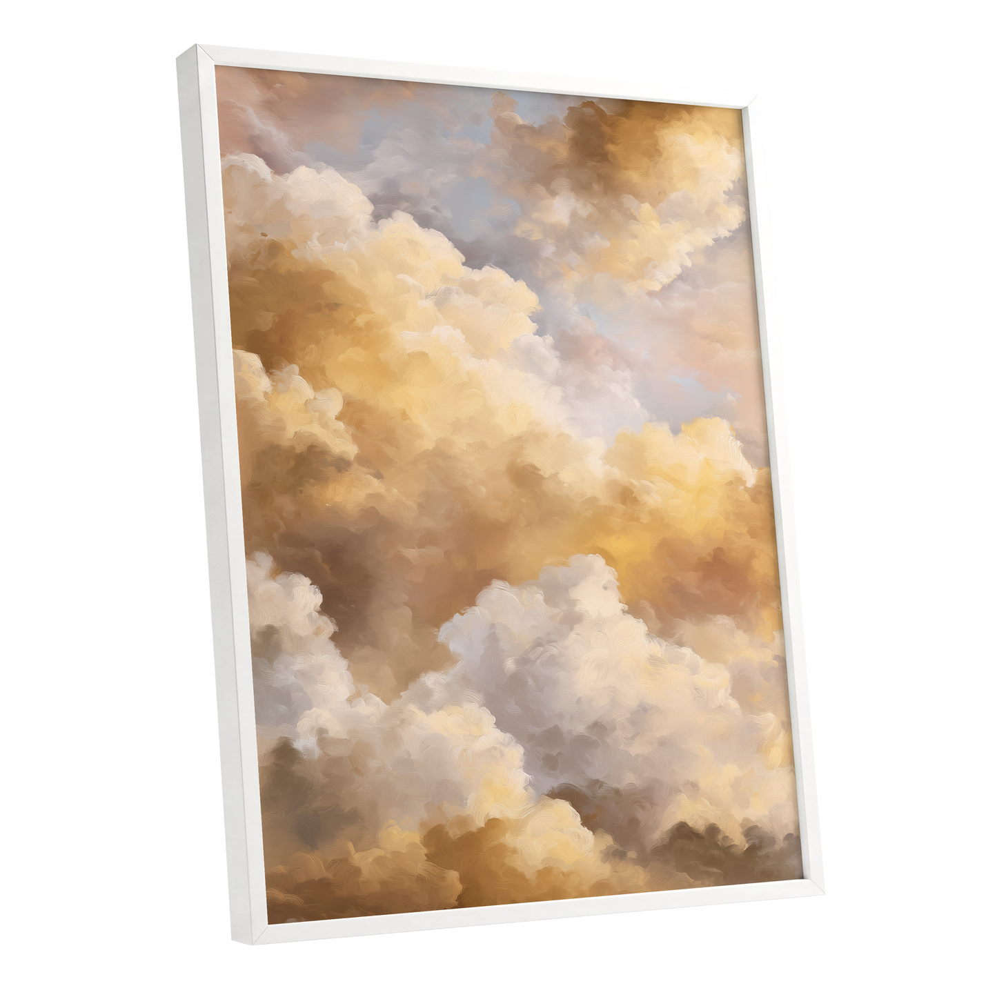 Gilded Cloud Drift, gold, beige, white nature wall art shown as a white framed poster wall art print
