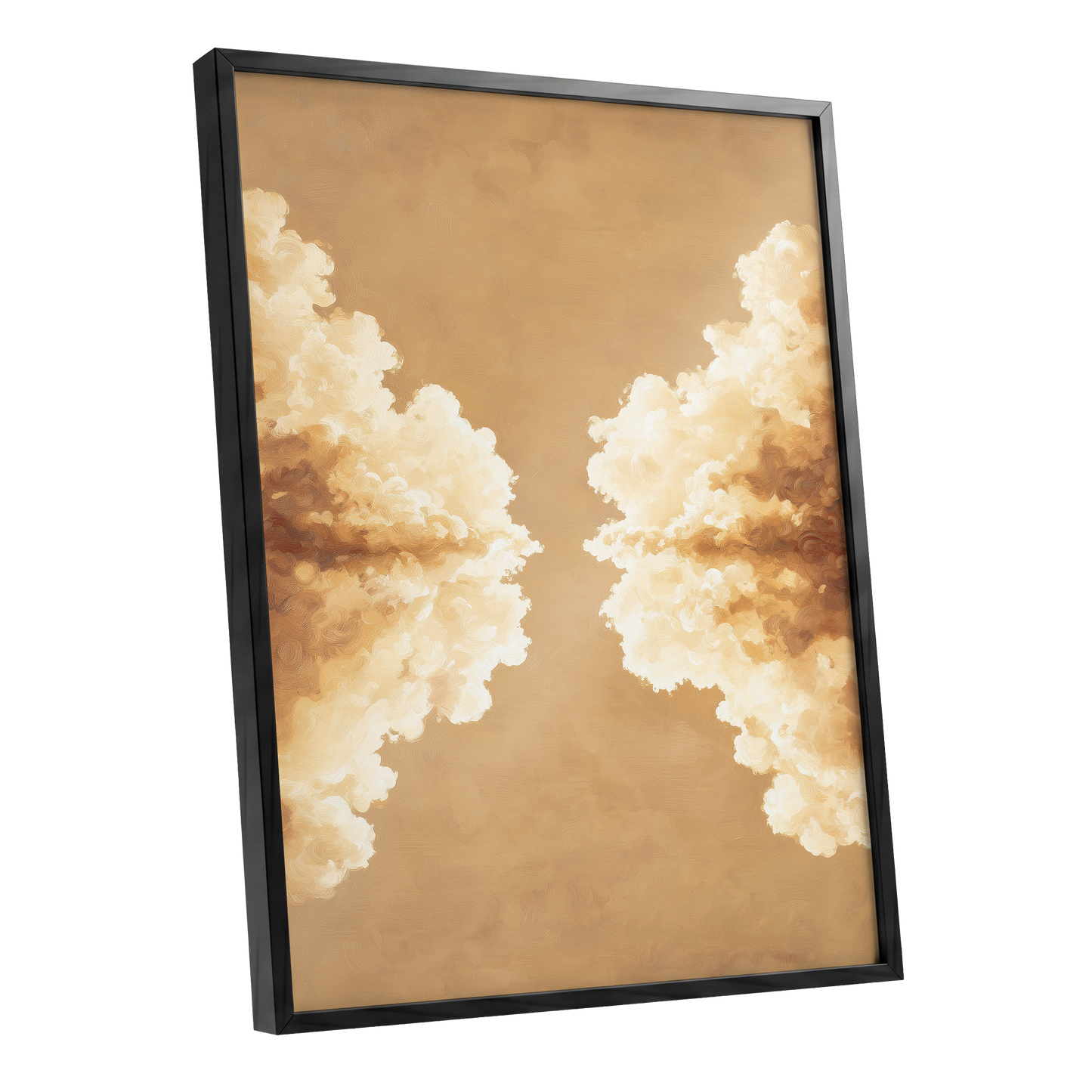 Gilded Cloud Passage, beige, gold, white nature wall art shown as a black framed poster wall art print