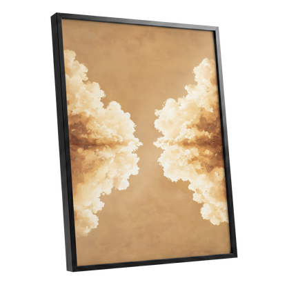 Gilded Cloud Passage, beige, gold, white nature wall art shown as a black framed poster wall art print